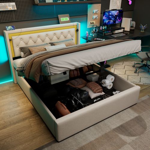 Lit Rembourré Avec Éclairage LED-lit Double 140x200cm-avec Fonction De Chargement USB Type C-beige