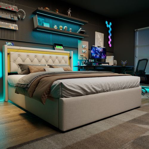 Lit Rembourré Avec Éclairage LED-lit Double 140x200cm-avec Fonction De Chargement USB Type C-beige
