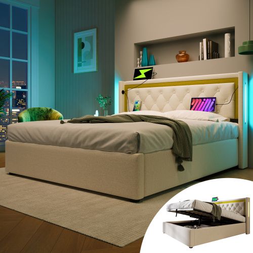 Lit Rembourré Avec Éclairage LED-lit Double 160x200cm-avec Fonction De Chargement USB Type C-beige