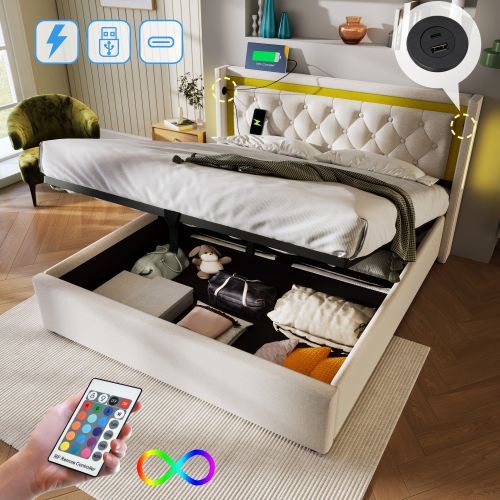 Lit Rembourré Avec Éclairage LED-lit Double 160x200cm-avec Fonction De Chargement USB Type C-beige