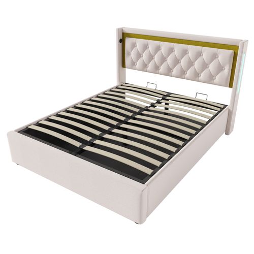 Lit Rembourré Avec Éclairage LED-lit Double 160x200cm-avec Fonction De Chargement USB Type C-beige