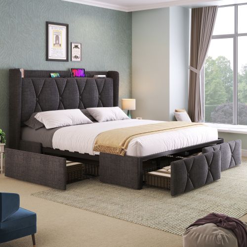 Lit Rembourré Avec Fonction De Chargement USB-4 Tiroirs-lit Double 140x200cm-gris