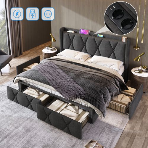 Lit Rembourré Avec Fonction De Chargement USB-4 Tiroirs-lit Double 140x200cm-gris