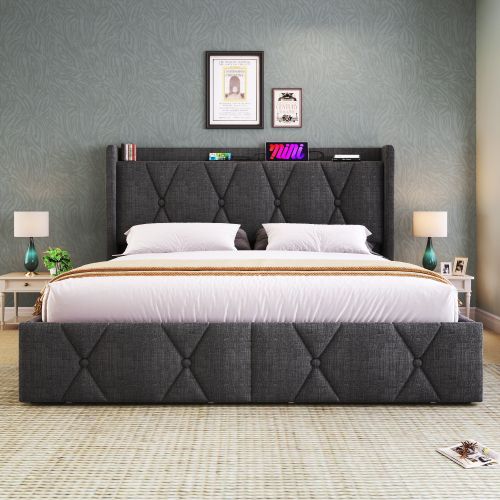 Lit Rembourré Avec Fonction De Chargement USB-4 Tiroirs-lit Double 140x200cm-gris