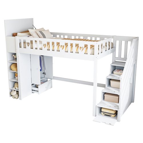 Lit Mezzanine 90x200cm Avec Placard Et Garde-corps Cœur, Blanc