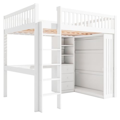 Lit Mezzanine-140x200cm Avec Bureau, Placard Et Escalier, Blanc