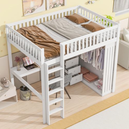 Lit Mezzanine-140x200cm Avec Bureau, Placard Et Escalier, Blanc