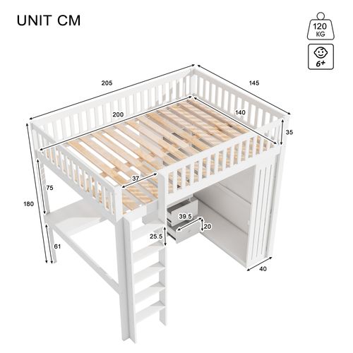 Lit Mezzanine-140x200cm Avec Bureau, Placard Et Escalier, Blanc
