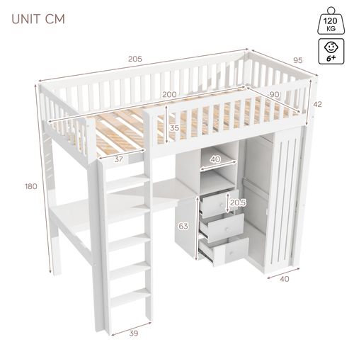 Lit Mezzanine-90*200cm-lit Enfant Avec Bureau, Placard Et Escalier-blanc
