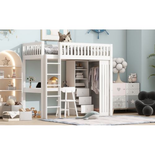 Lit Mezzanine-90*200cm-lit Enfant Avec Bureau, Placard Et Escalier-blanc