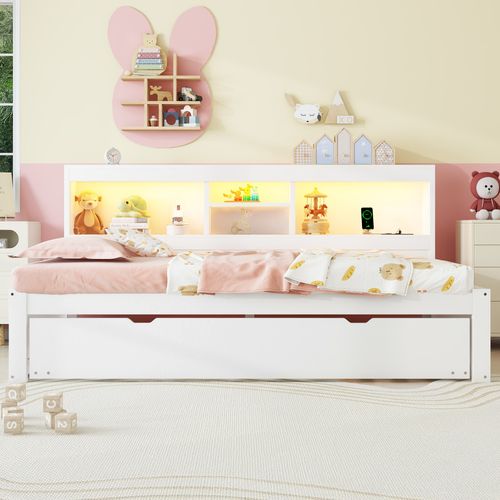 Lit Gigogne 90x200cm Avec LED-rangement De Chevet-prise USB, Lit Simple En Bois-lit Enfant-blanc