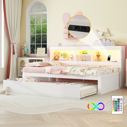 Lit Gigogne 90x200cm Avec LED-rangement De Chevet-prise USB, Lit Simple En Bois-lit Enfant-blanc