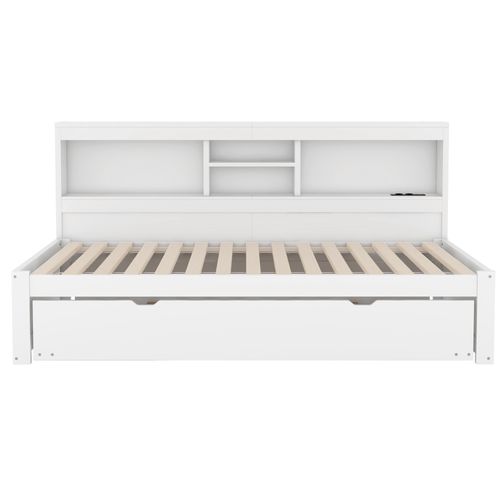 Lit Gigogne 90x200cm Avec LED-rangement De Chevet-prise USB, Lit Simple En Bois-lit Enfant-blanc