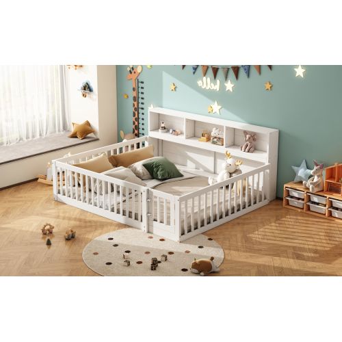 Lit Enfant 140*200cm-chevet Avec Compartiment De Rangement-garde-corps- Pinède-blanc