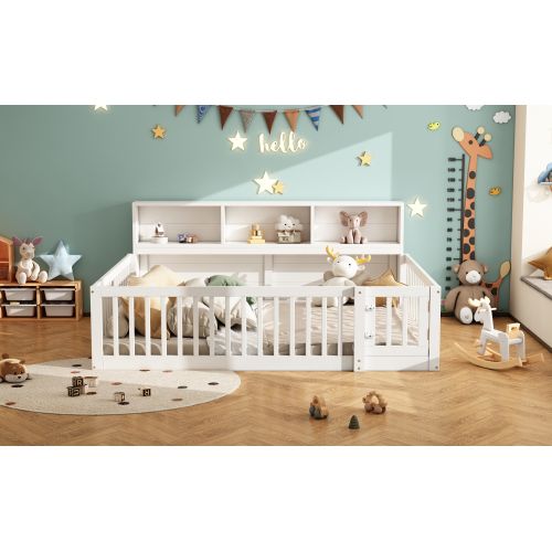 Lit Enfant 140*200cm-chevet Avec Compartiment De Rangement-garde-corps- Pinède-blanc