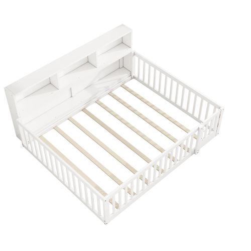 Lit Enfant 140*200cm-chevet Avec Compartiment De Rangement-garde-corps- Pinède-blanc