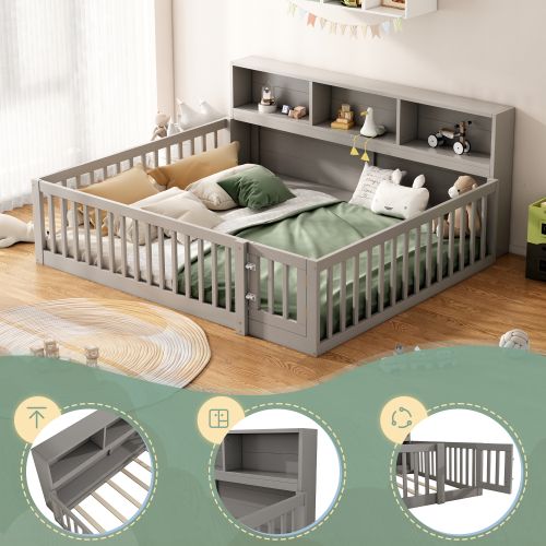 Lit Enfant 140*200cm-chevet Avec Compartiment De Rangement-garde-corps- Pinède-gris