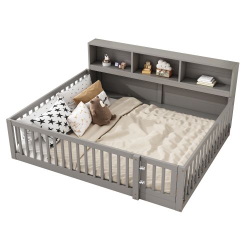 Lit Enfant 140*200cm-chevet Avec Compartiment De Rangement-garde-corps- Pinède-gris