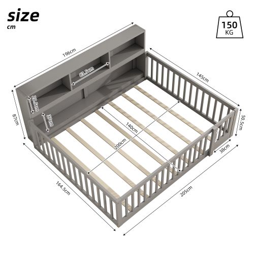 Lit Enfant 140*200cm-chevet Avec Compartiment De Rangement-garde-corps- Pinède-gris