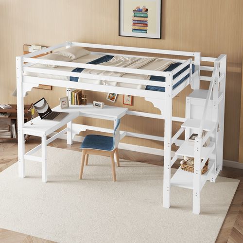 Haut Lit 140x200cm Avec Bureau L Et Placard, Blanc