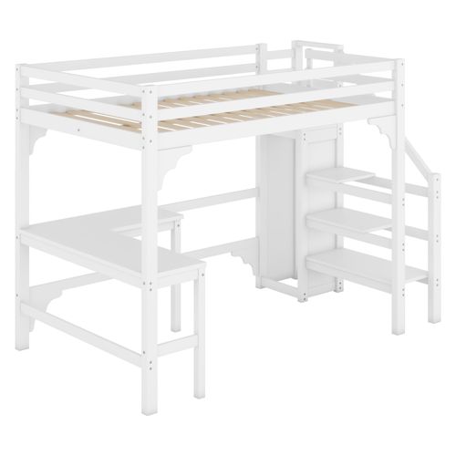 Haut Lit 140x200cm Avec Bureau L Et Placard, Blanc