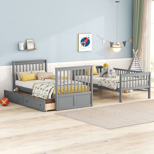 Lit Superposé 90x200cm Fonctionnel Avec Tiroirs, Gris