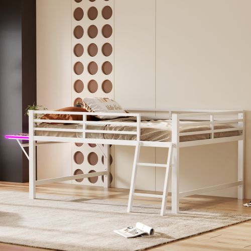 Mezzanine 140x200cm Métal Avec Bureau Et LED, Blanc