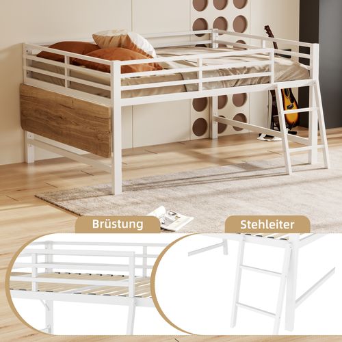 Mezzanine 140x200cm Métal Avec Bureau Et LED, Blanc