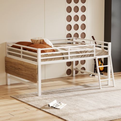 Mezzanine 140x200cm Métal Avec Bureau Et LED, Blanc