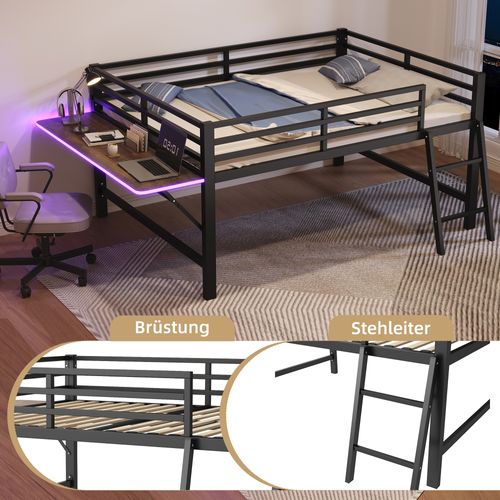 Mezzanine 140x200cm Métal Avec Bureau Et LED, Noir