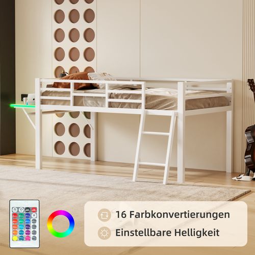 Lit Mi-Haut 90x200cm Métal Avec Bureau Et LED, Blanc