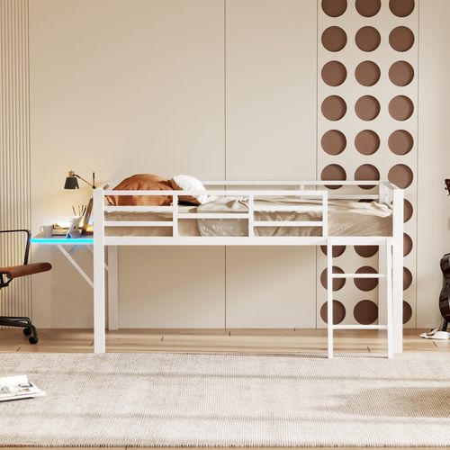 Lit Mi-Haut 90x200cm Métal Avec Bureau Et LED, Blanc