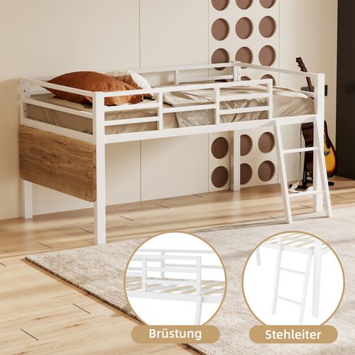 Lit Mi-Haut 90x200cm Métal Avec Bureau Et LED, Blanc