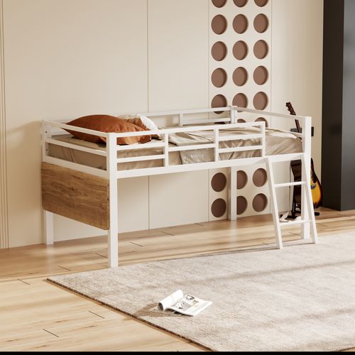 Lit Mi-Haut 90x200cm Métal Avec Bureau Et LED, Blanc