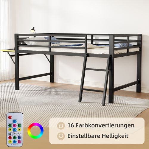 Lit Mi-Haut 90x200cm Métal Avec Bureau et LED, Noir