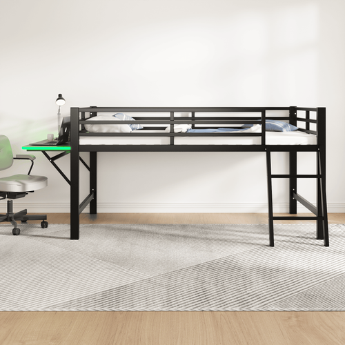 Lit Mi-Haut 90x200cm Métal Avec Bureau et LED, Noir