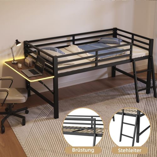 Lit Mi-Haut 90x200cm Métal Avec Bureau et LED, Noir