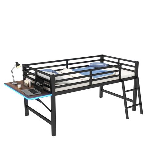 Lit Mi-Haut 90x200cm Métal Avec Bureau et LED, Noir