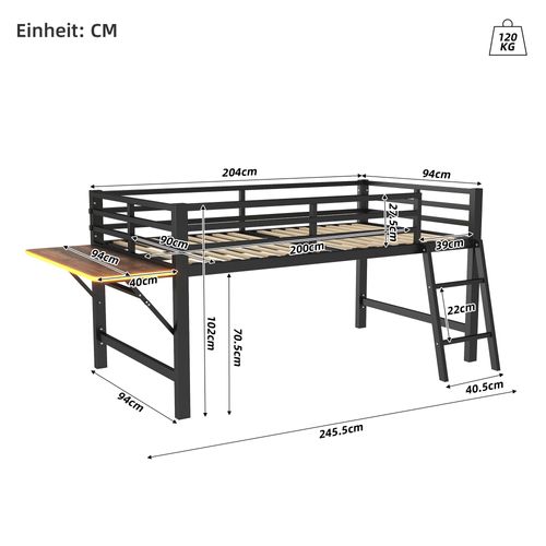 Lit Mi-Haut 90x200cm Métal Avec Bureau et LED, Noir