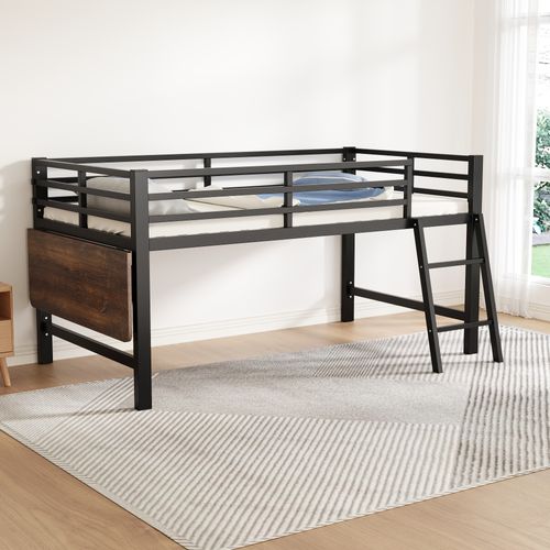 Lit Mi-Haut 90x200cm Métal Avec Bureau et LED, Noir