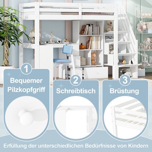 Lit Mezzanine 90x200cm Avec Bureau Et Tiroirs, En747, Blanc