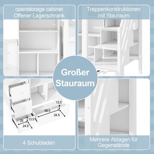 Lit Mezzanine 90x200cm Avec Bureau Et Tiroirs, En747, Blanc