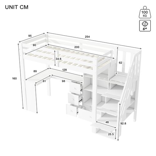 Lit Mezzanine 90x200cm Avec Bureau Et Tiroirs, En747, Blanc