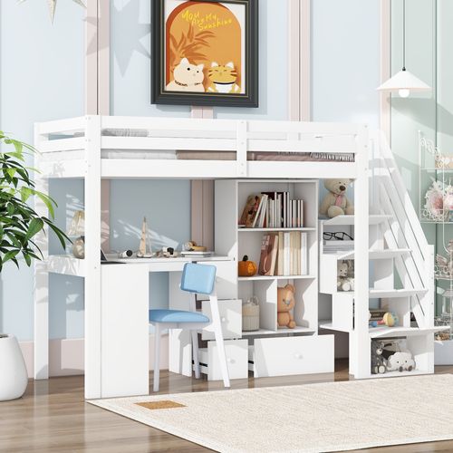 Lit Mezzanine 90x200cm Avec Bureau Et Tiroirs, En747, Blanc