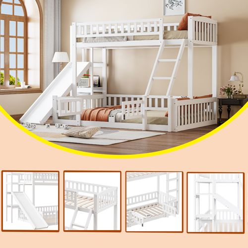 Lit Superposé Avec Toboggan Et Rangements90x200+1400x200cm, Blanc