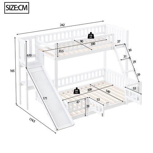 Lit Superposé Avec Toboggan Et Rangements90x200+1400x200cm, Blanc