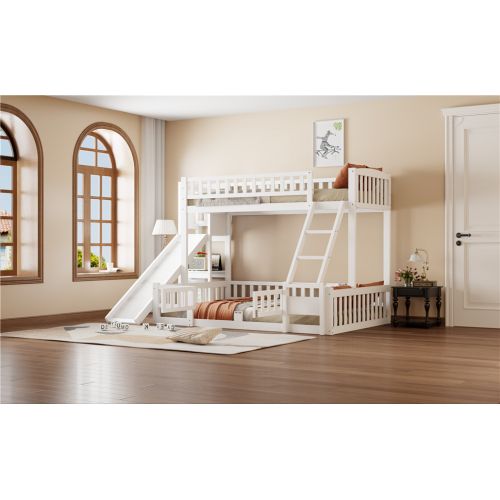 Lit Superposé Avec Toboggan Et Rangements90x200+1400x200cm, Blanc