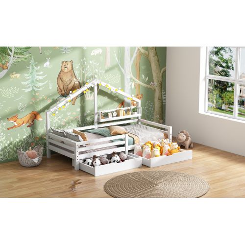 Lit Cabane 90 X 200 Cm - Avec Étagère De Rangement Et 2 Grands Tiroirs - Blanc