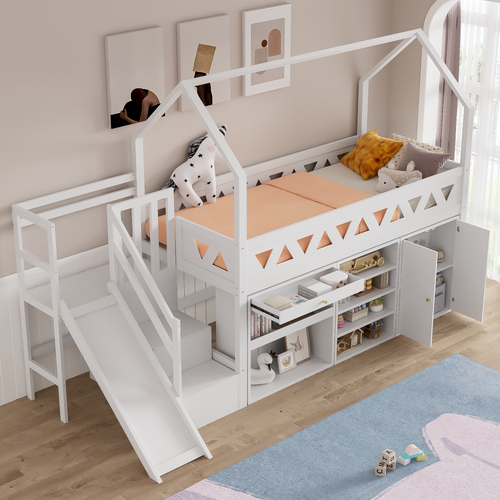 Lit Mezzanine 90 X 200 Cm-lit Simple, Lit Enfant Avec Toboggan Et Escalier-bois Massif-blanc