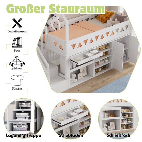 Lit Mezzanine 90 X 200 Cm-lit Simple, Lit Enfant Avec Toboggan Et Escalier-bois Massif-blanc